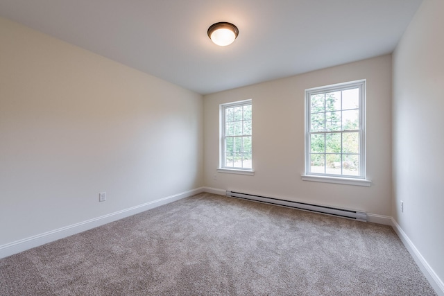 spare room with carpet flooring and baseboard heating