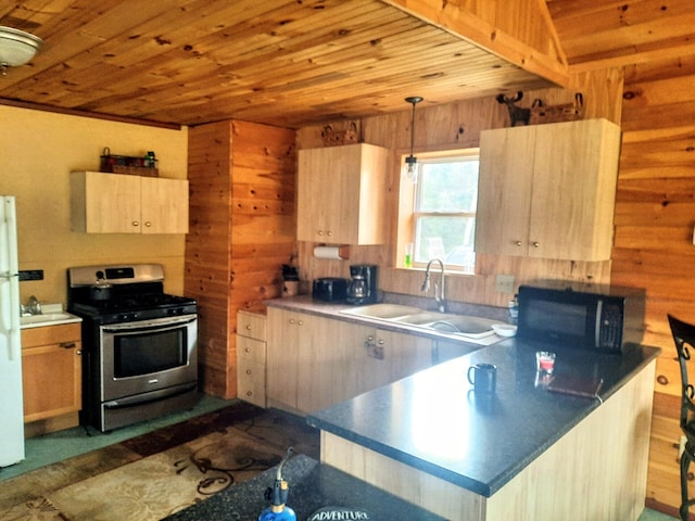 kitchen with light brown cabinetry, sink, stainless steel range, and wooden ceiling