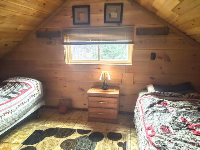 bedroom with wood ceiling, wooden walls, vaulted ceiling, and light tile patterned floors