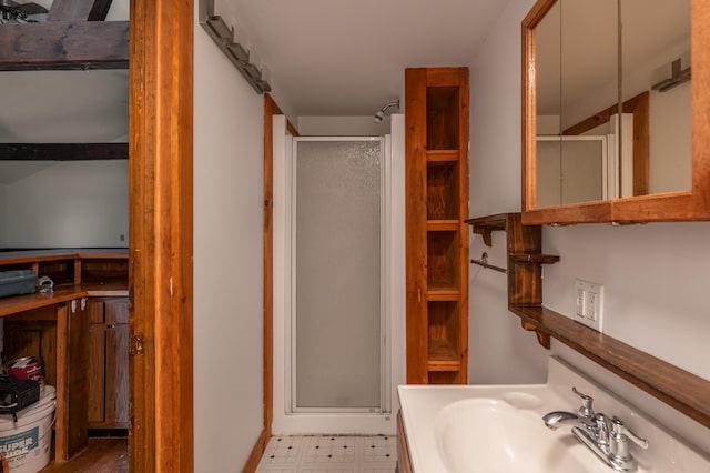 bathroom with a shower with shower door and vanity