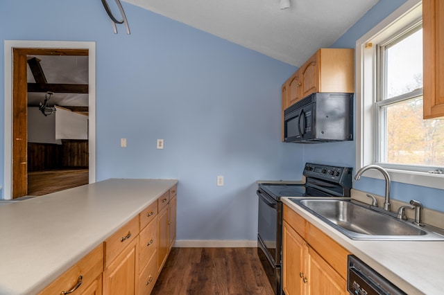 kitchen featuring dark hardwood / wood-style floors, plenty of natural light, black appliances, and vaulted ceiling