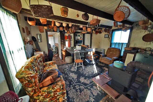 living room featuring hardwood / wood-style flooring and beam ceiling