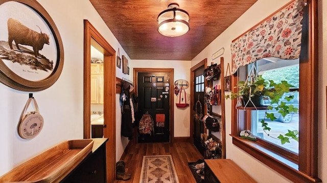 corridor featuring dark hardwood / wood-style floors and wooden ceiling