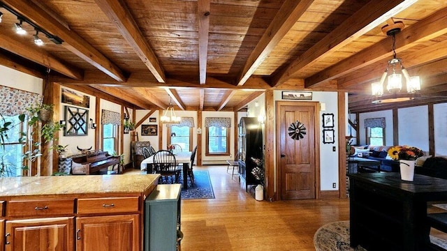 kitchen with pendant lighting, a notable chandelier, wooden ceiling, beamed ceiling, and light wood-type flooring