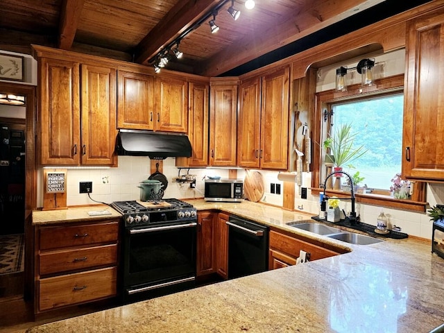 kitchen with sink, wood ceiling, tasteful backsplash, beamed ceiling, and black appliances