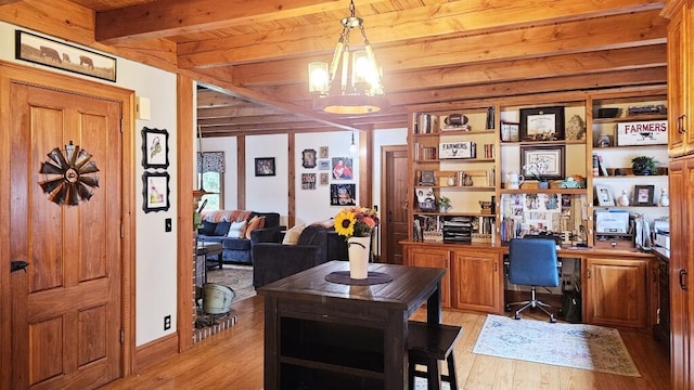 home office with wood ceiling, light hardwood / wood-style flooring, and beamed ceiling