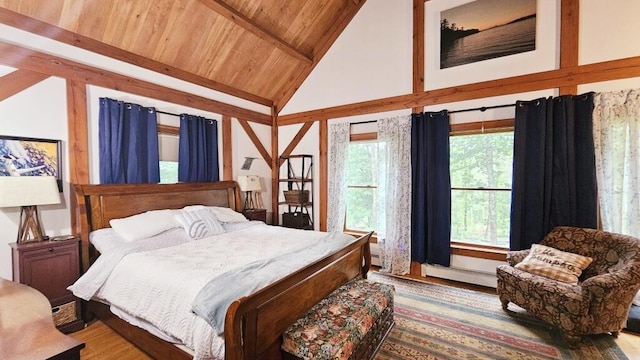 bedroom with hardwood / wood-style flooring, wooden ceiling, beam ceiling, and baseboard heating