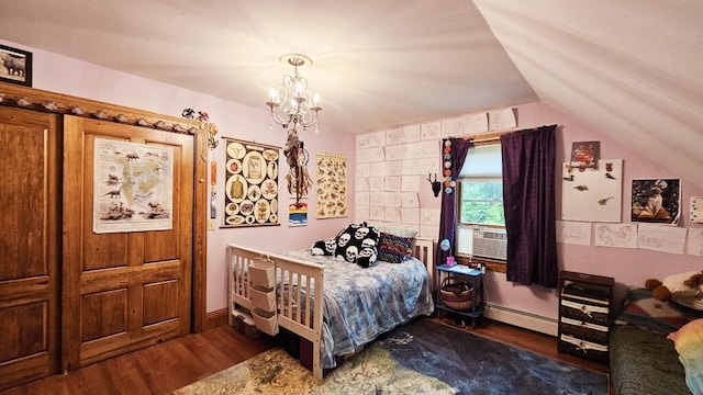 bedroom with a chandelier, vaulted ceiling, baseboard heating, dark hardwood / wood-style floors, and cooling unit