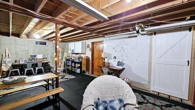 basement featuring a barn door