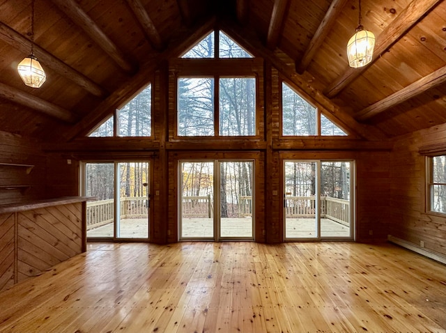 unfurnished living room featuring beamed ceiling, high vaulted ceiling, wooden walls, and light hardwood / wood-style flooring