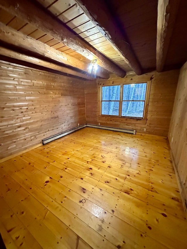 111 Ice Rd, Acton, ME 04001 - additional living space featuring beamed ceiling, a baseboard radiator, light hardwood / wood-style flooring, and wood walls