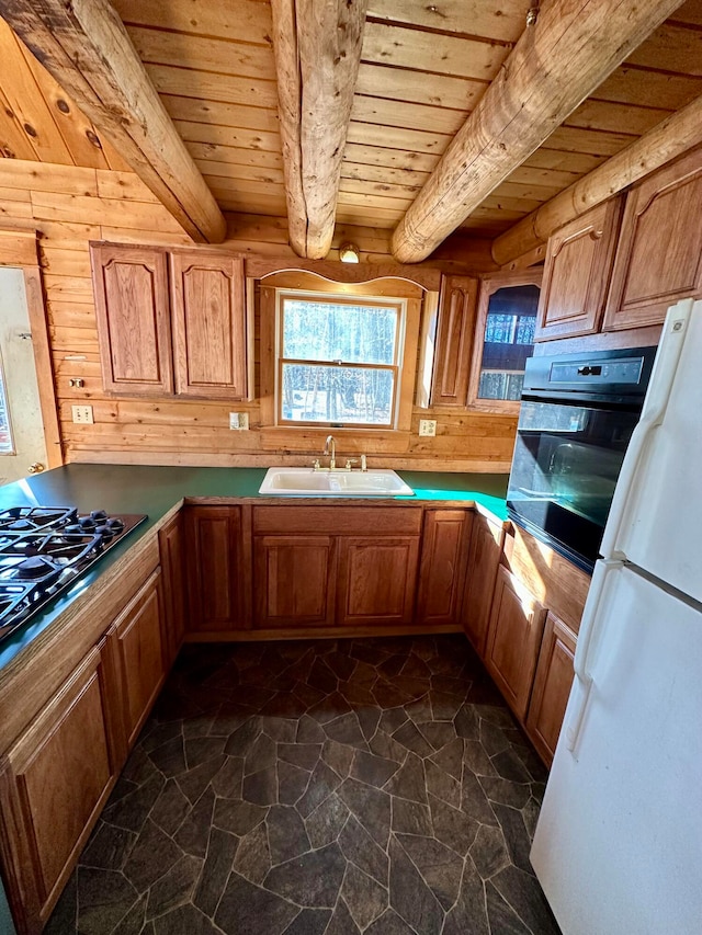 111 Ice Rd, Acton, ME 04001 - kitchen with black appliances, beam ceiling, wood ceiling, and sink