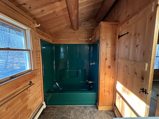 111 Ice Rd, Acton, ME 04001 - bathroom featuring washtub / shower combination, wooden walls, wooden ceiling, and lofted ceiling