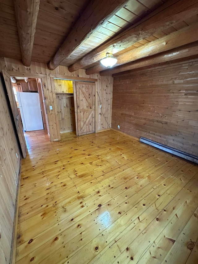 111 Ice Rd, Acton, ME 04001 - additional living space with light wood-type flooring, wood ceiling, beam ceiling, a barn door, and wood walls