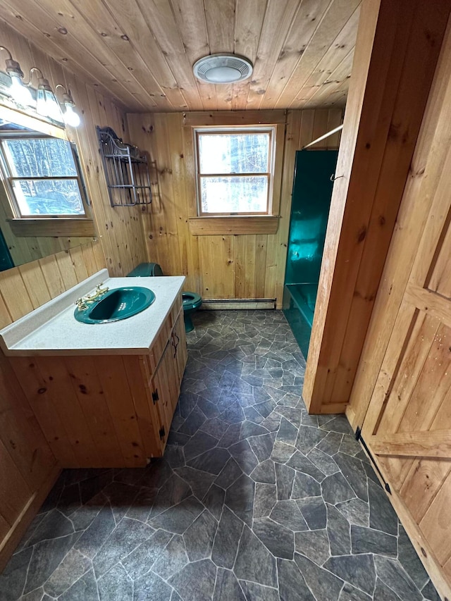 111 Ice Rd, Acton, ME 04001 - bathroom with vanity, separate shower and tub, wood ceiling, and wood walls