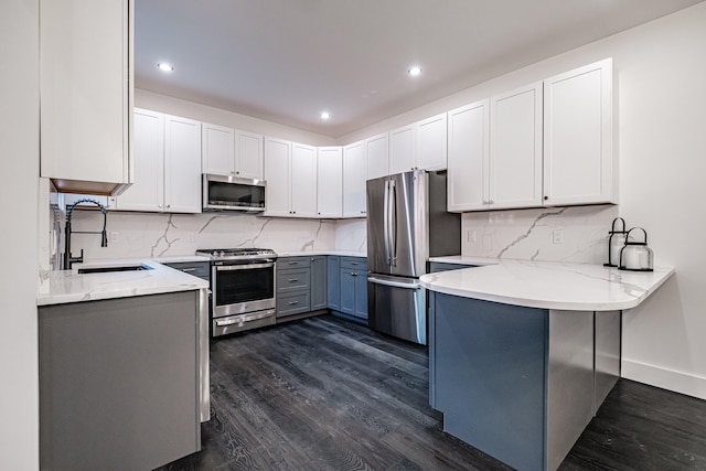 kitchen featuring stainless steel appliances, dark wood-type flooring, sink, backsplash, and white cabinetry