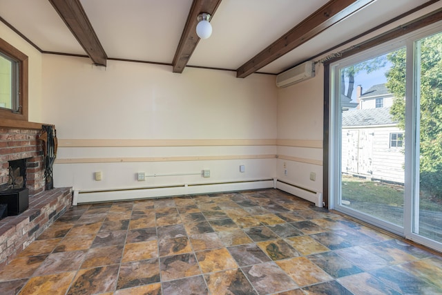 unfurnished living room featuring beam ceiling, a fireplace, a wall unit AC, and a baseboard heating unit