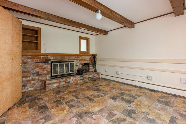 unfurnished living room featuring a fireplace, beamed ceiling, and a baseboard radiator