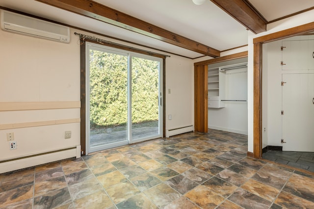 interior space with a wall mounted air conditioner, beam ceiling, access to outside, and baseboard heating