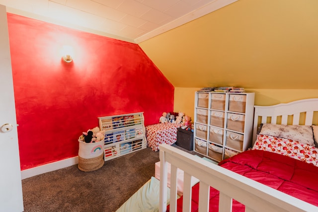 carpeted bedroom featuring vaulted ceiling