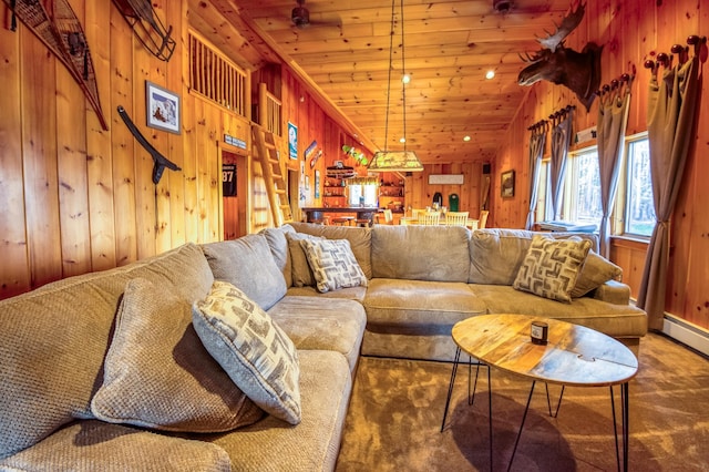 8 Hilltop Hts, Rangeley, ME 04970 - living room with wooden walls, wood ceiling, and carpet floors