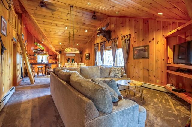 8 Hilltop Hts, Rangeley, ME 04970 - carpeted living room featuring wood ceiling, a baseboard radiator, lofted ceiling, wood walls, and recessed lighting