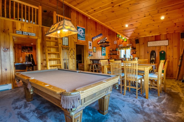 8 Hilltop Hts, Rangeley, ME 04970 - recreation room with wood walls, carpet floors, pool table, wooden ceiling, and a baseboard radiator