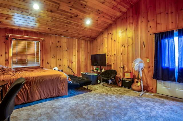 8 Hilltop Hts, Rangeley, ME 04970 - carpeted bedroom featuring lofted ceiling, wood ceiling, wooden walls, and recessed lighting