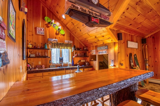 8 Hilltop Hts, Rangeley, ME 04970 - bar area with wooden walls, wood ceiling, lofted ceiling, and a sink
