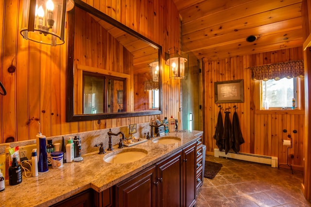 8 Hilltop Hts, Rangeley, ME 04970 - full bathroom with a baseboard radiator, wood walls, double vanity, and wood ceiling