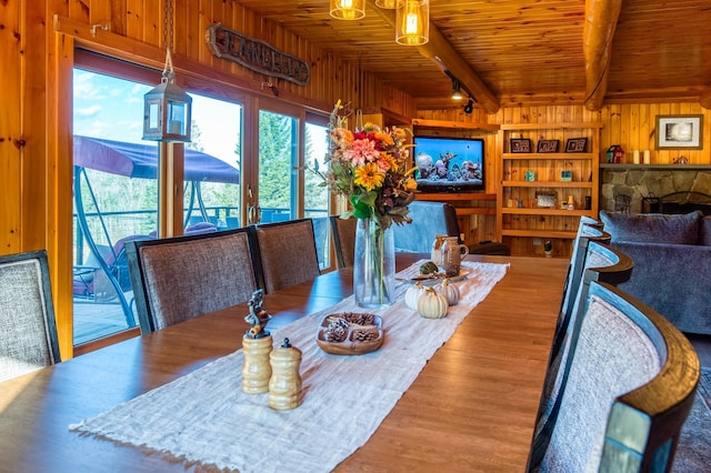 8 Hilltop Hts, Rangeley, ME 04970 - dining room featuring wooden ceiling with exposed beams, wooden walls, wood finished floors, and rail lighting