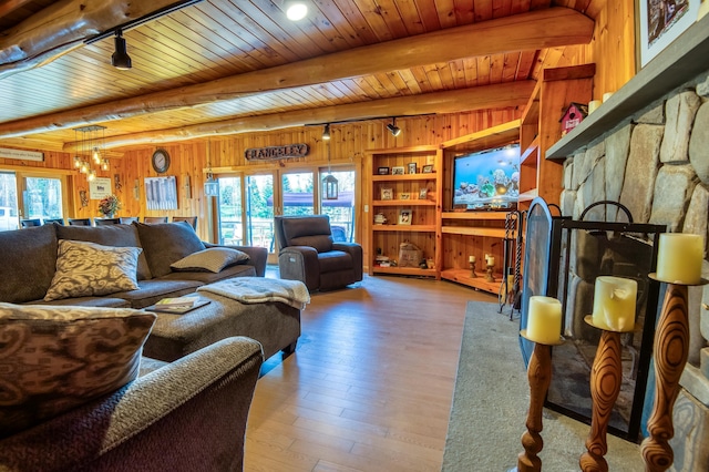 8 Hilltop Hts, Rangeley, ME 04970 - living room featuring wooden walls, rail lighting, wood ceiling with exposed beams, wood finished floors, and a fireplace