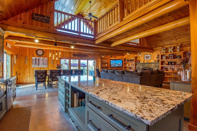 8 Hilltop Hts, Rangeley, ME 04970 - kitchen featuring wood walls, gray cabinets, a ceiling fan, light stone countertops, and wooden ceiling