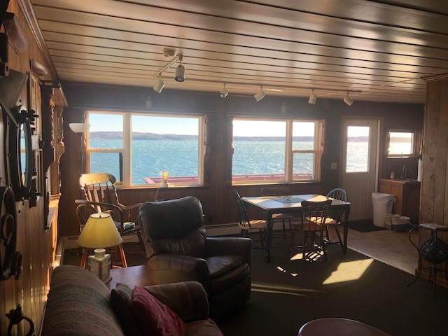 living room with wooden walls, sink, a water view, and wood ceiling