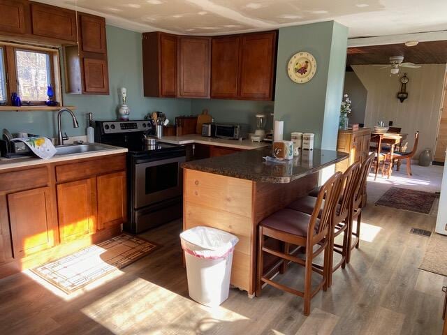 kitchen with a breakfast bar, sink, light hardwood / wood-style flooring, stainless steel electric range oven, and a kitchen island