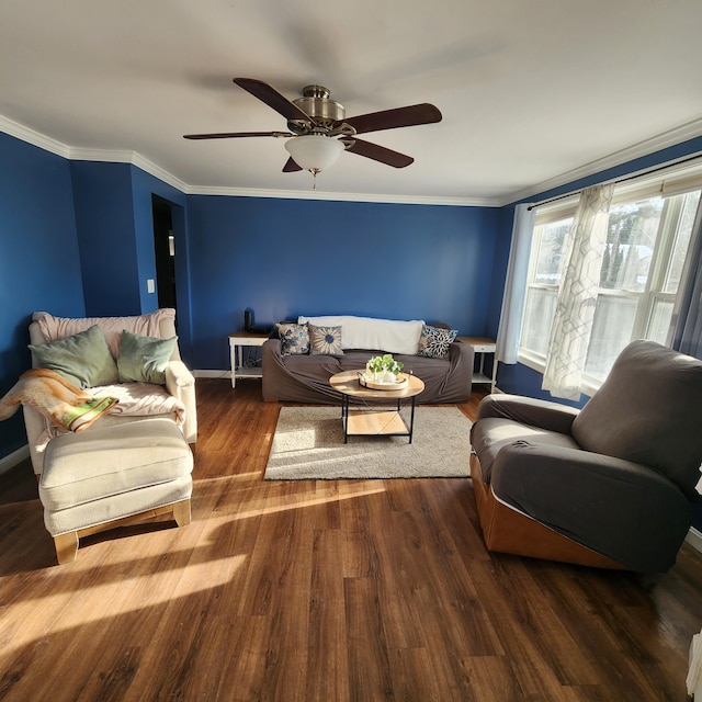 living room with ceiling fan, dark wood-type flooring, and ornamental molding