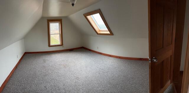 bonus room with carpet flooring and vaulted ceiling with skylight