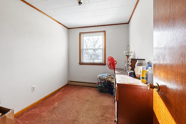 interior space featuring carpet, crown molding, and a baseboard heating unit