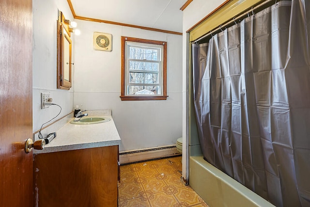 full bathroom with shower / bath combination with curtain, ornamental molding, vanity, a baseboard radiator, and toilet