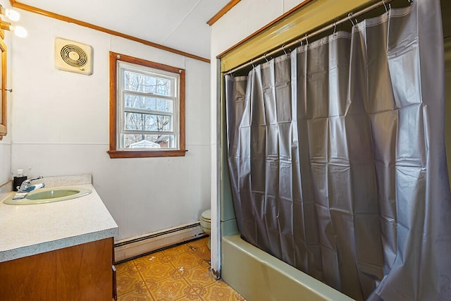 full bathroom featuring toilet, vanity, shower / bath combo with shower curtain, and a baseboard radiator