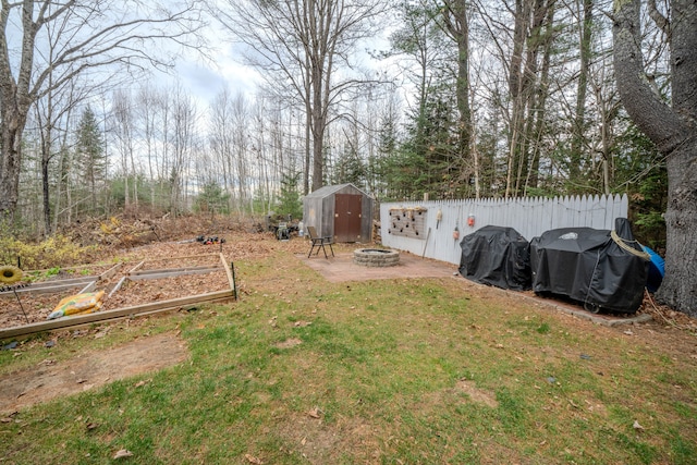 view of yard with a fire pit and a storage unit