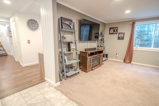 living room featuring light hardwood / wood-style flooring and crown molding