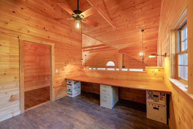 unfurnished office with ceiling fan, wood walls, and dark wood-type flooring