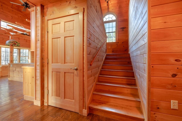 stairway featuring wood-type flooring and wooden walls