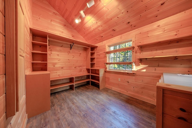 1700 Tremont Rd, Tremont, ME 04674 - unfurnished bedroom featuring vaulted ceiling, a sauna / steam room, wooden ceiling, wood finished floors, and wood walls