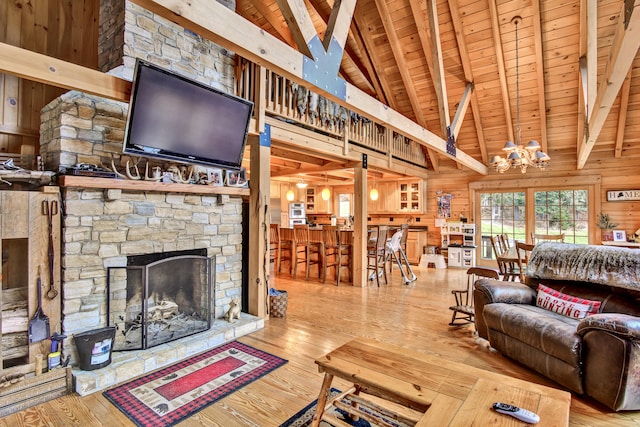 living room with a fireplace, wood-type flooring, wooden walls, and wood ceiling