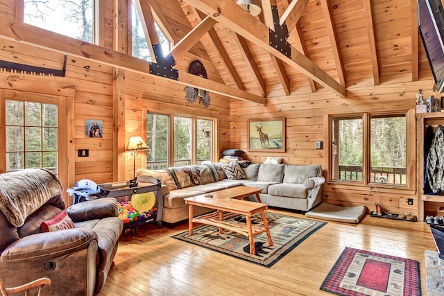 living room featuring wooden ceiling, beamed ceiling, high vaulted ceiling, wood-type flooring, and wooden walls