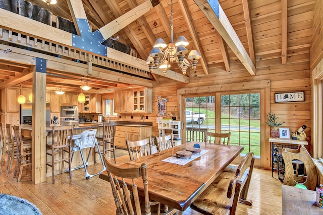 658 Mingo Loop Rd, Rangeley, ME 04970 - dining room with wooden ceiling with exposed beams, light wood finished floors, a chandelier, wooden walls, and healthy amount of natural light