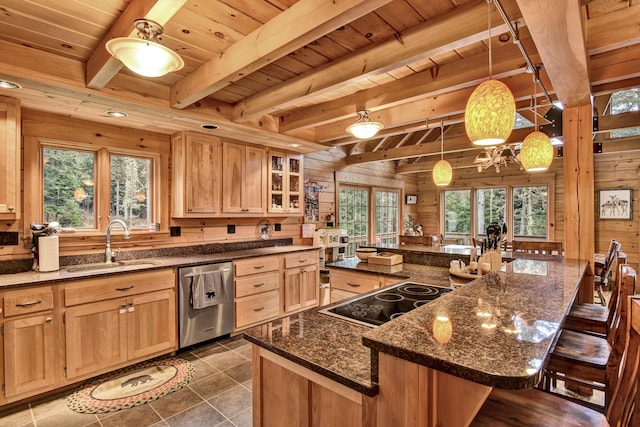 658 Mingo Loop Rd, Rangeley, ME 04970 - kitchen with stainless steel dishwasher, a sink, wooden walls, wooden ceiling with exposed beams, and cooktop