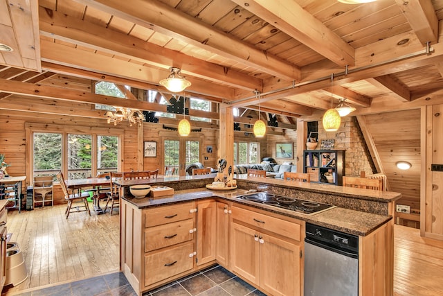 kitchen with wood walls, stainless steel stovetop, hanging light fixtures, dark hardwood / wood-style floors, and wood ceiling